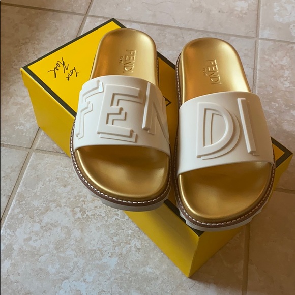 Fendi Shoes - Fendi slides cream and gold